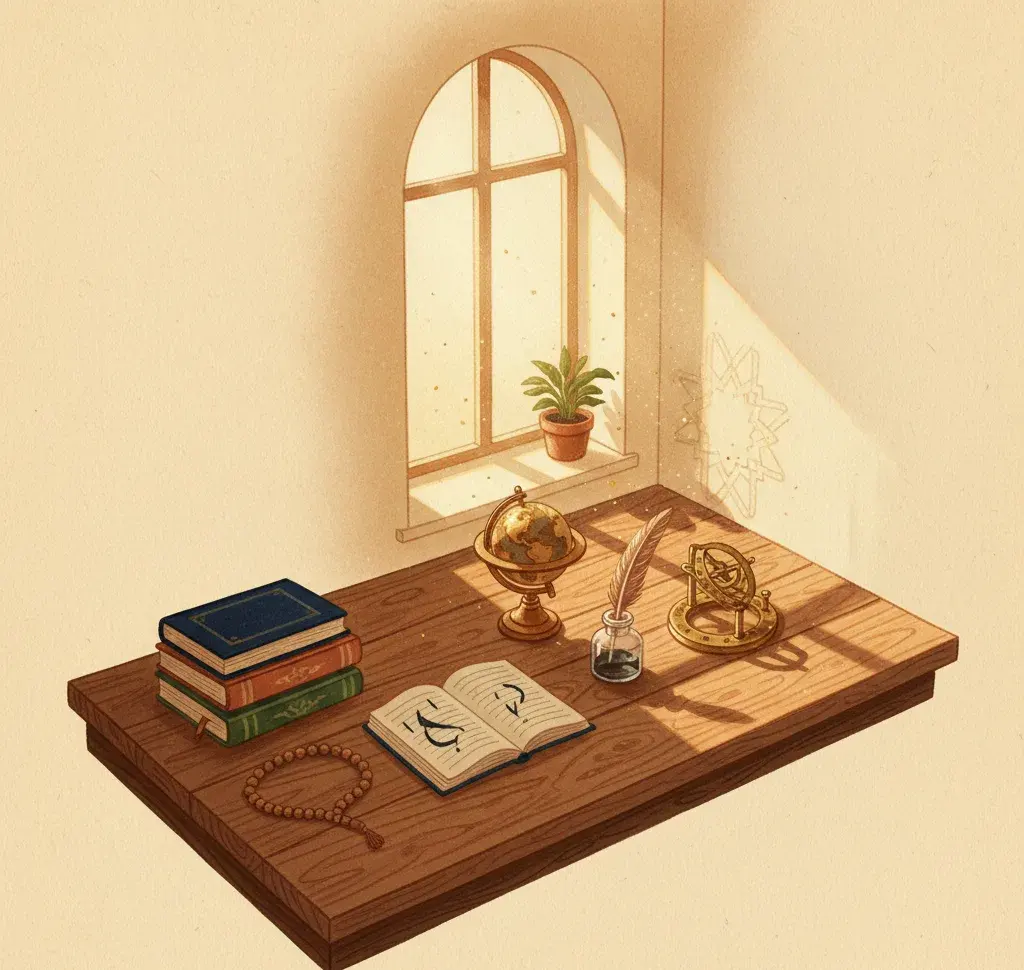 A desk with books, a globe, and an open notebook