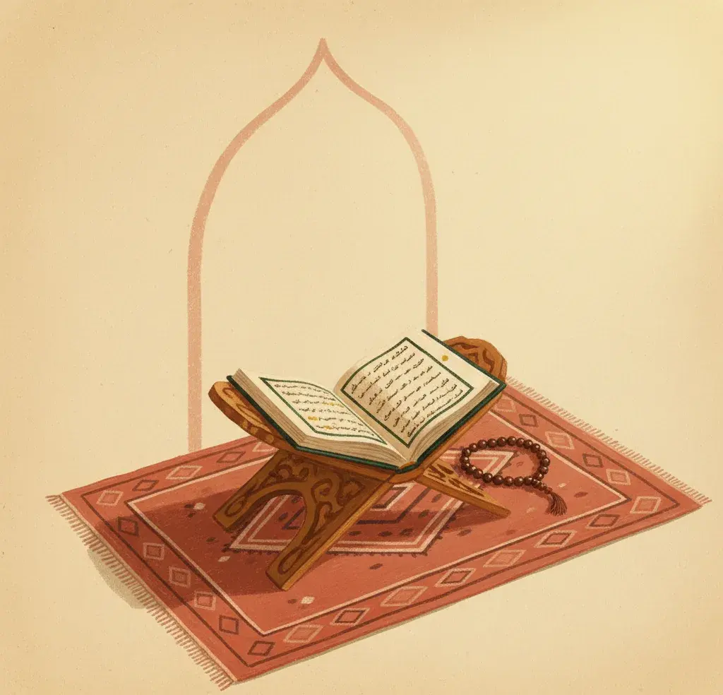 An open mushaf on a wooden rahle, prayer beads nearby