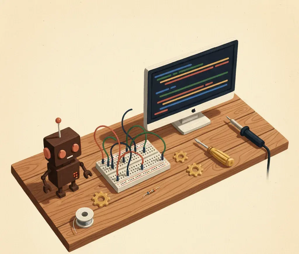 A workbench with a robot, breadboard, and screen showing code
