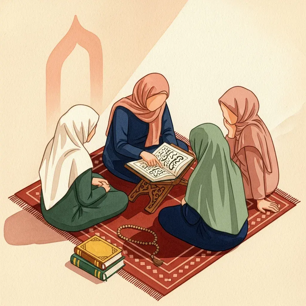 Three girls in hijab studying Quran together on a prayer rug